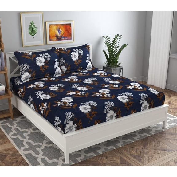 Double Bedsheet With 2 Pillow Covers - 86 X 88 Inches, Dark Blue | Light Weight & Breathable-Beautiful Design Bedsheet