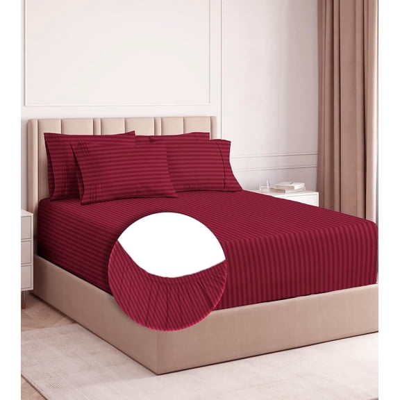 Double Bedsheets Queen Size With 2 Pillow Covers - Size-60 X72+8 Inches, Maroon | All Around Elastic 220 TC Super Soft Striped Pattern Breathable