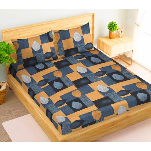 Double Bedsheets With 2 Pillow Covers - Size 90 X 90 Inches, Grey & Golden | King Size Bed With All Around Elastic Super Soft Breathable