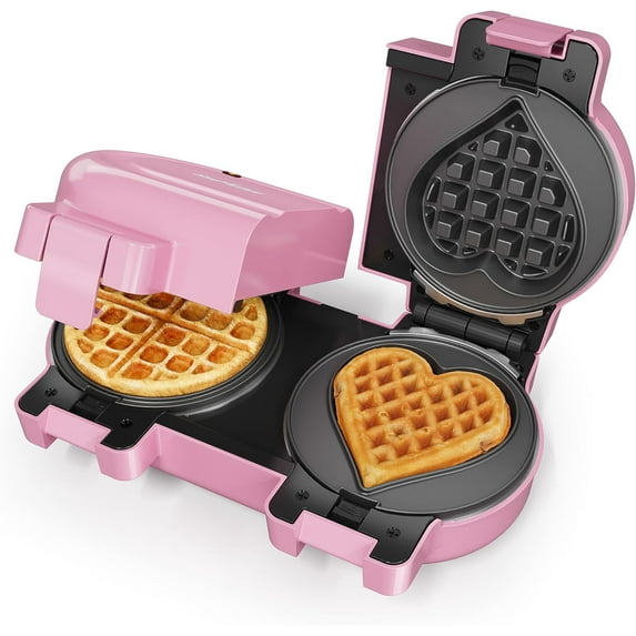 Double Belgian Waffle Maker with Dual Removable Nonstick Plates, Stainless Steel Round Waffle Iron, Fast Preheat, Flip-Style Easy One-Button Operation, PFOA-Free, Pink