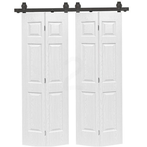 Double Bi-Fold 6-Panel Hollow Core MDF Doors, 60 in. x 80 in., White Oak Finish, With Complete Hardware Kit