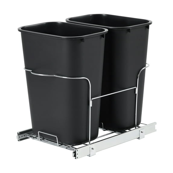 Double Bin Pullout Trash Can with Full-Extension Slides, Space-Saving Under Cabinet Waste and Recycling Bin, Heavy Duty Steel, Fits Cabinets