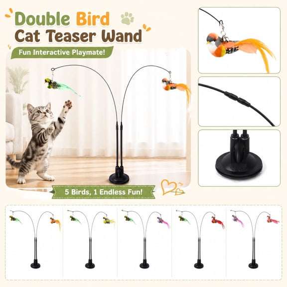 Double Bird Cat Teaser Wand Toy, Interactive Self Playing Kitten Feather Toy with Powerful Suction Cup Base, Dual Flexible Flying Wire Long Rod Chasing Exercise Toy for Indoor Cats
