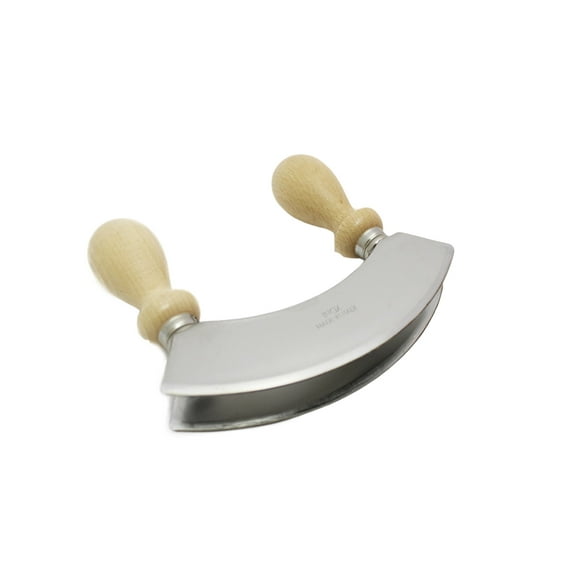 Double Blade Mezzaluna Stainless Steel and Wooden Handles.
