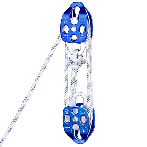 Double Block and Tackle Pulley System with 250Ft x 2/5'' Rope Pulley 6700 LB(30KN) Breaking Strength, 4:1 Lifting Power Sheave Pulley Hoist System for Garage, Attic Heavy Lifting