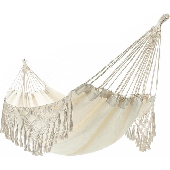 Double Boho Macrame Hammock Cotton Canvas Portable Replacement Hammock 440lbs Load Capacity White