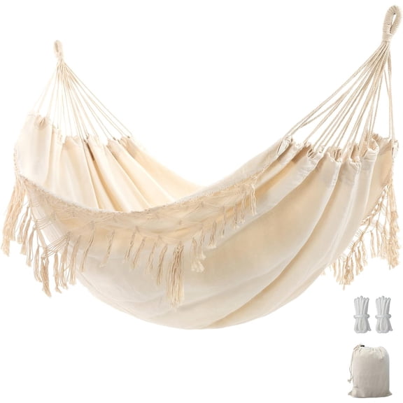 Double Boho Macrame Hammock with Tassels for Outdoor Indoor Use Up to 450 lbs Includes Tie Ropes and Drawstring Bag