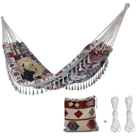 Double Boho Macrame Hammock with Tassels, Portable Patio Hammock with Carry Bag for Poolside, Camping, Porch Patio, Bedroom, Balcony, OutdoorIndoor59''*79''$$Garden & Patio