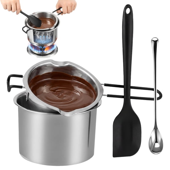 Stainless Steel Double Boiler Pot Set for Chocolate Melting, 4-Piece Melting Pot with Outer Pot, Silicone Spatula & Spoon for Candle Making, Baking, Butter, Wax & Soap, Heat Resistant Candy Making Ki