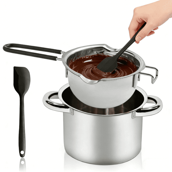 Double Boiler Pot Set, Stainless Steel Pot with Silicone Spatula Mixing Bowl for Melting Chocolate, Candy, Soap, Wax, Candle Making (600ML/0.55QT)