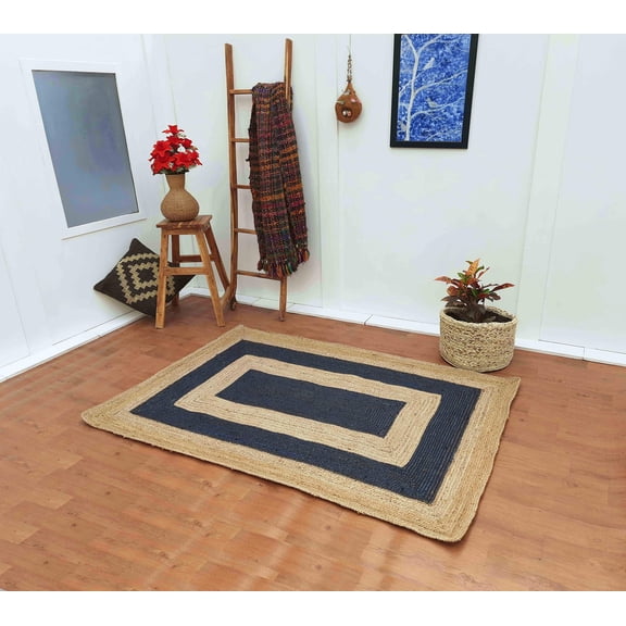 Double Bordered Navy Jute Braided Rug Double Bordered Navy Jute Braided Rug (4'X6')