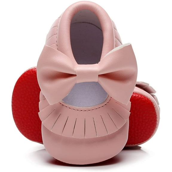 Double Bow Fringe Baby Moccasins - Soft Sole Baby Shoes Girls Toddler Crib Flats