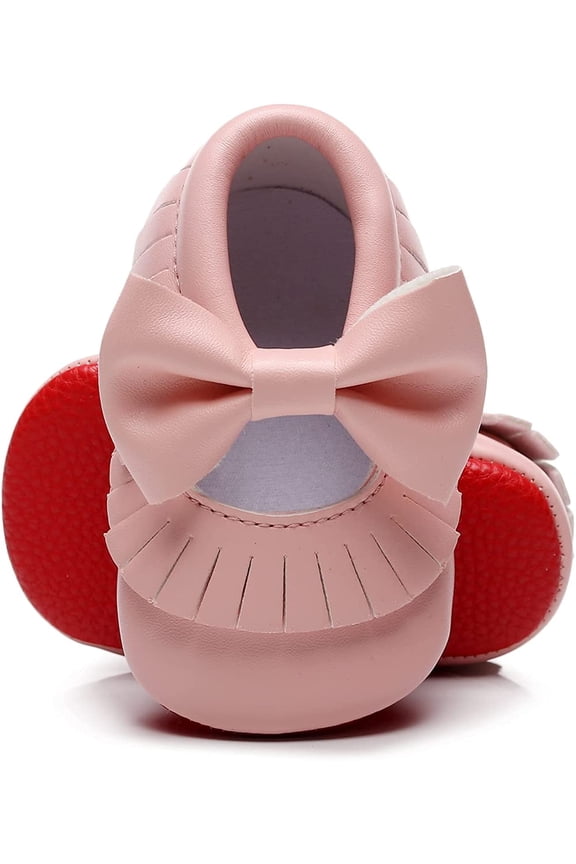 Double Bow Fringe Baby Moccasins - Soft Sole Baby Shoes Girls Toddler Crib Flats