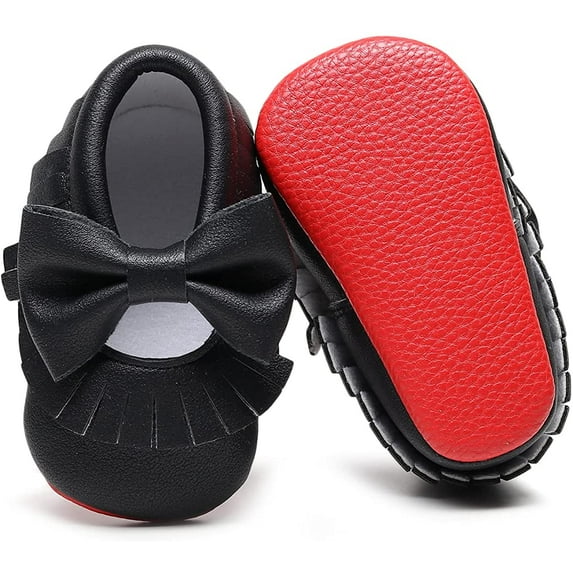 Double Bow Fringe Baby Moccasins - Soft Sole Baby Shoes Girls Toddler Crib Flats