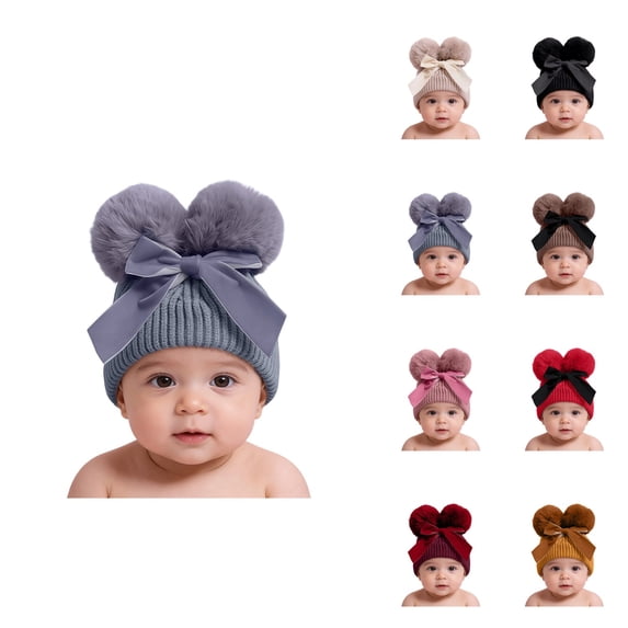 Double Bowknot Baby Hat, Winter Knitted Woolen Beanie for & Toddlers, Thick Warm Soft Yarn with Double Pompom, Ideal for Cold Weather