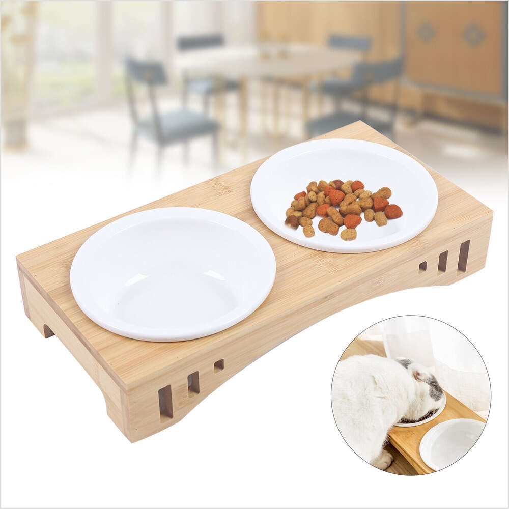 Double Bowl Dog Cat Feeder Bamboo Elevated Stand Raised Dissh Feeding