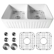 Double Bowl Farmhouse Sink 37"x22"x14" Apron Kitchen with Grid and Strainer in White Undermount