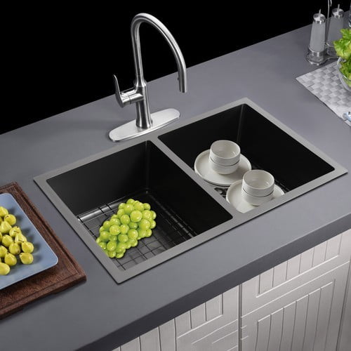 Double Bowl Kitchen Sink, 31 X 18 Inch Black Undermount Sink, 304 Stainless Steel with Nano Coating, Includes 2 Black Drain Grids and Drains for Home Kitchen