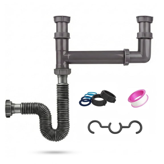 Double Bowl Kitchen Sink Drain Kit, 1-1/2 Inch End Outlet Waste, Adjustable 11" to 18" Width