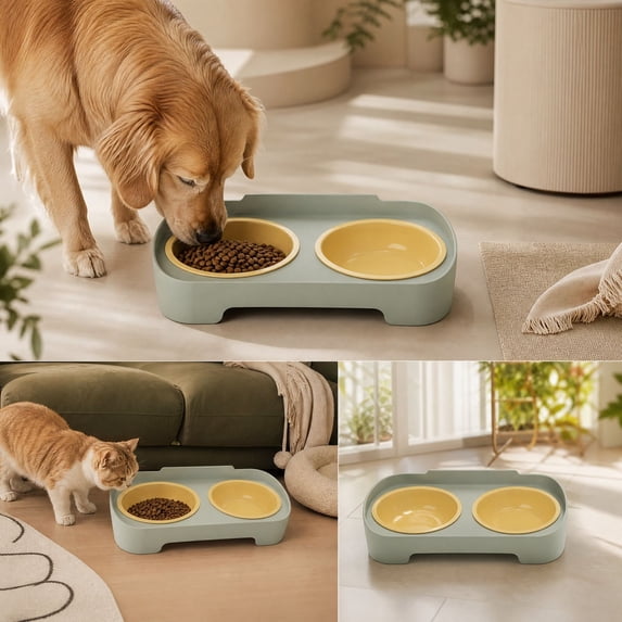 Double Bowl Pet Feeder 350 ml Each Bowl Raised Cat Food and Water Dish Set for Small Dogs, Anti-Slip Non Tip Elevated Feeding Station with Removable Bowls, Yellow, 32.5 x 17 x 8.5 cm