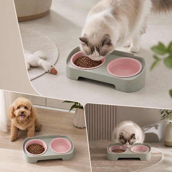 Double Bowl Pet Feeder 350ml Each Stays in Place for Cats and Small Dogs, Tilted Height Neck Care Removable Bowls, Stable Easy Clean Daily Feeding Station Indoor Gift