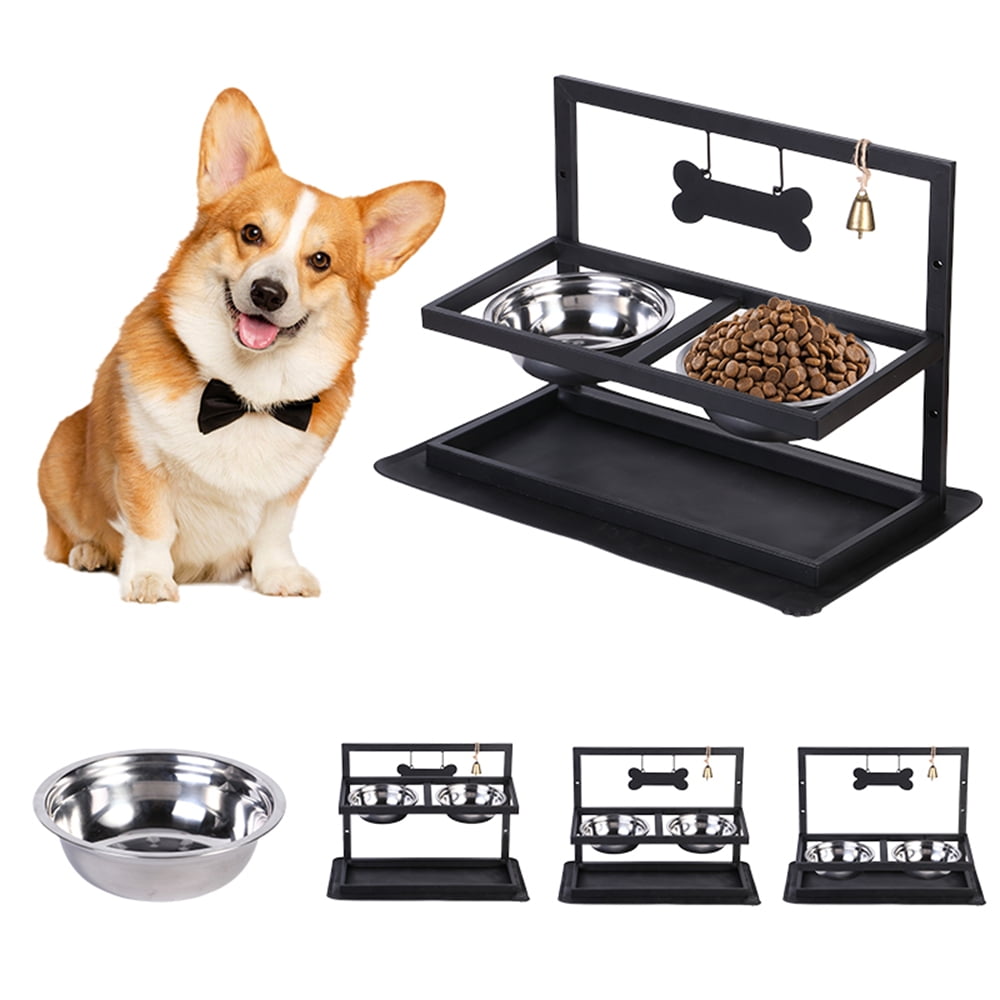 Double Bowl Stainless Steel Pet Bowl Stand For Cats And Dogs Metal Feeder With Mat And Bell Food And Water Bowls For Pets