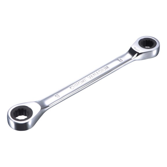 Double Box End Ratcheting Wrench (8mm x 9mm) Metric 72 Teeth 12 Pt Ratchet Spanner Tools, CR-V