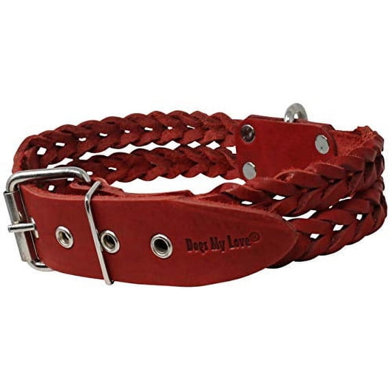 Double Braid Red Genuine Leather Dog Collar Braided 1.5" Wide, Fits 16"-20" Neck, Medium