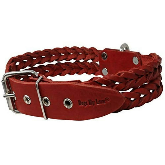 Double Braid Red Genuine Leather Dog Collar Braided 1.5" Wide, Fits 16"-20" Neck, Medium