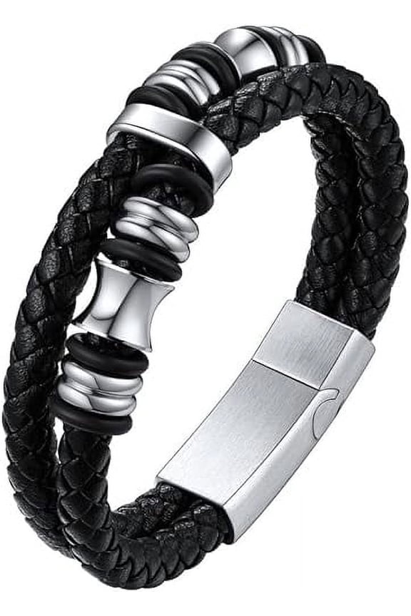 Double Braided Bracelet for Men Women Stainless Steel Silver/Black Clasp Workout Running Jogging Gym Bracelets Daily Jewelry, 7.5inches