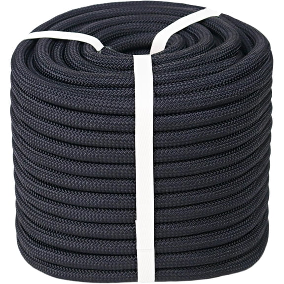 Double Braided Polyester Rope (1/2 in x 100 ft) Strong Arborist Rigging Rope 48 Strands for Tree Work Climbing Pulling Sailing, Black