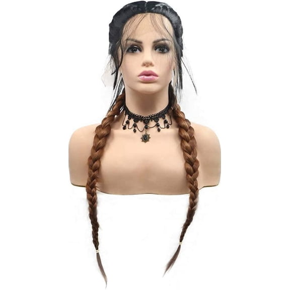 Double Braids Lace Front Wig Black Ombre Brown Hand Braided Wig With Baby Hair Heat Resistant Fiber Daily Wear Wig Box Braids Wig 24 Inch