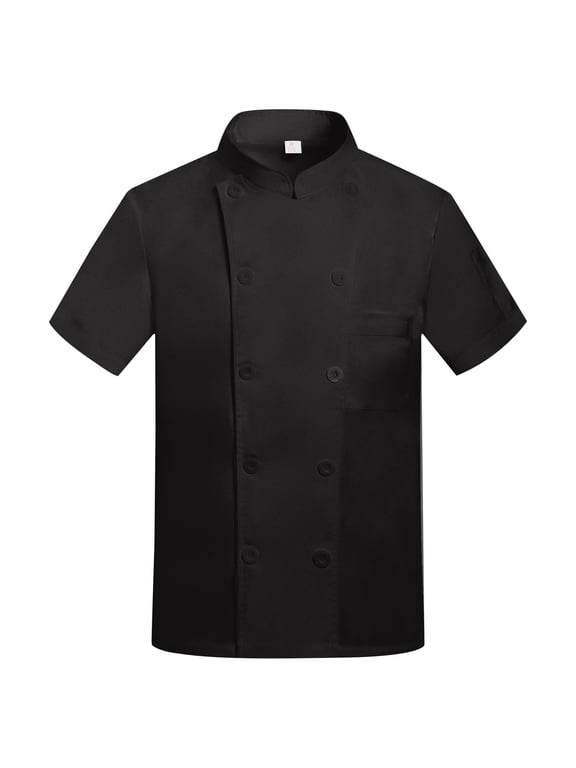 Double-Breasted Chef Coat Unisex Short Sleeve Cook Jacket Professional Kitchen Restaurant Uniform Black XL