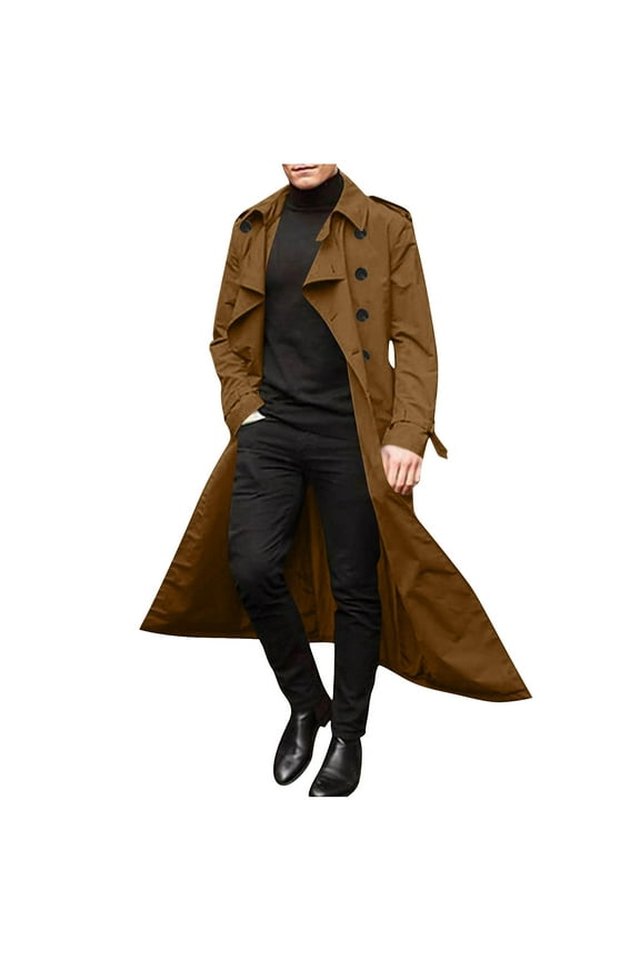 Double Breasted Classic Lapel Windproof Overcoat Fashion Outerwear with Belt Mid Long Trench Coat for Men Coffee L
