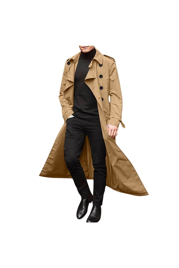 Double Breasted Classic Lapel Windproof Overcoat Fashion Outerwear with Belt Mid Long Trench Coat for Men Gold S