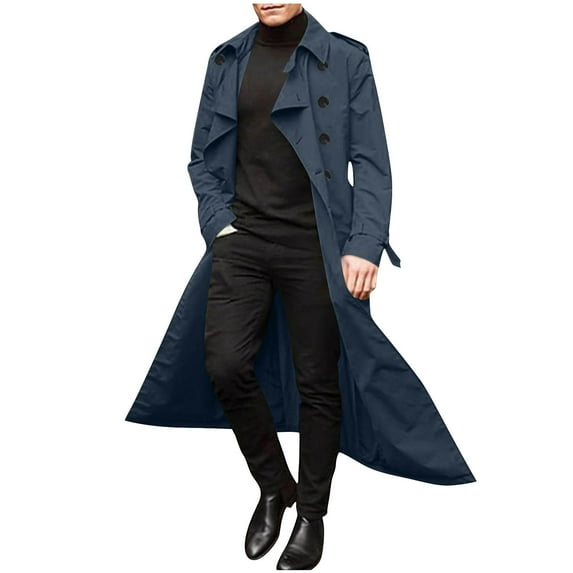 Double Breasted Classic Lapel Windproof Overcoat Fashion Outerwear with Belt Mid Long Trench Coat for Men Navy M