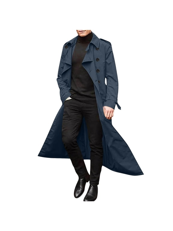 Double Breasted Classic Lapel Windproof Overcoat Fashion Outerwear with Belt Mid Long Trench Coat for Men Navy M
