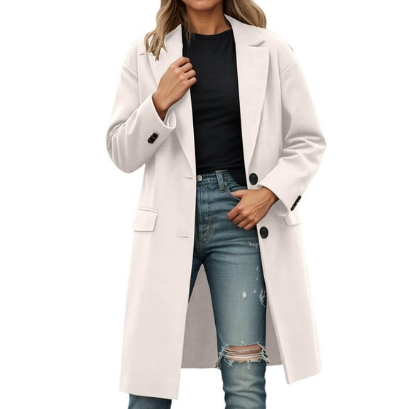Double- Coat with Notched Lapels, Single- Loose and Casual Autumn and Winter Coat, Beige L
