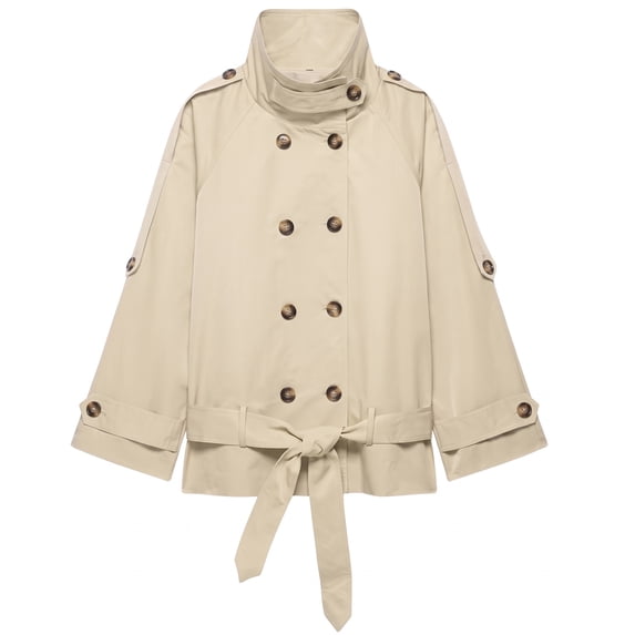 Double Breasted Crop Trench Coats for Women Casual Stand Collar Belted Lightweight Outerwear