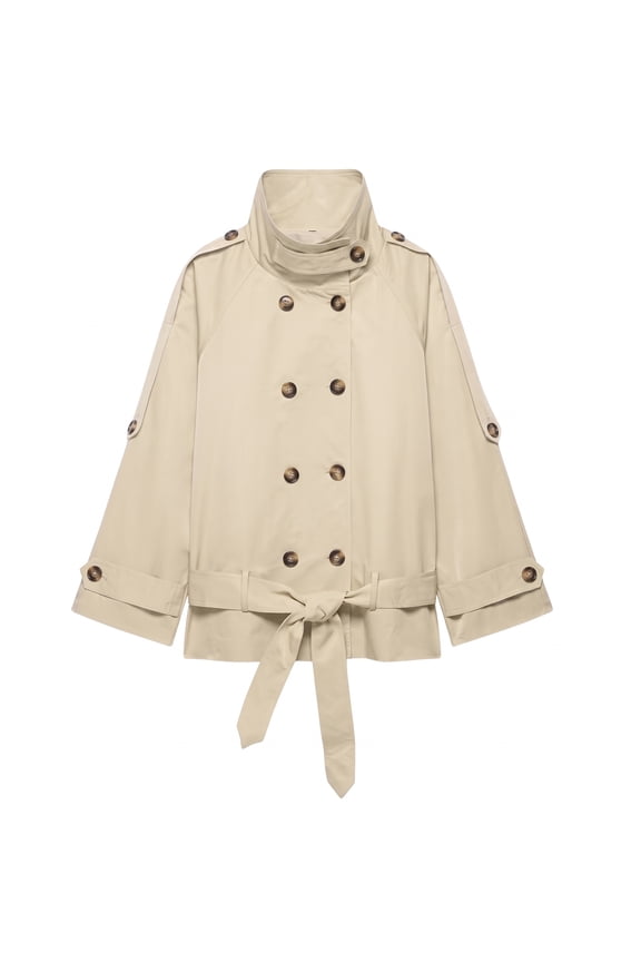 Double Breasted Crop Trench Coats for Women Casual Stand Collar Belted Lightweight Outerwear