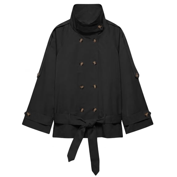 Double Breasted Crop Trench Coats for Women Casual Stand Collar Belted Lightweight Outerwear