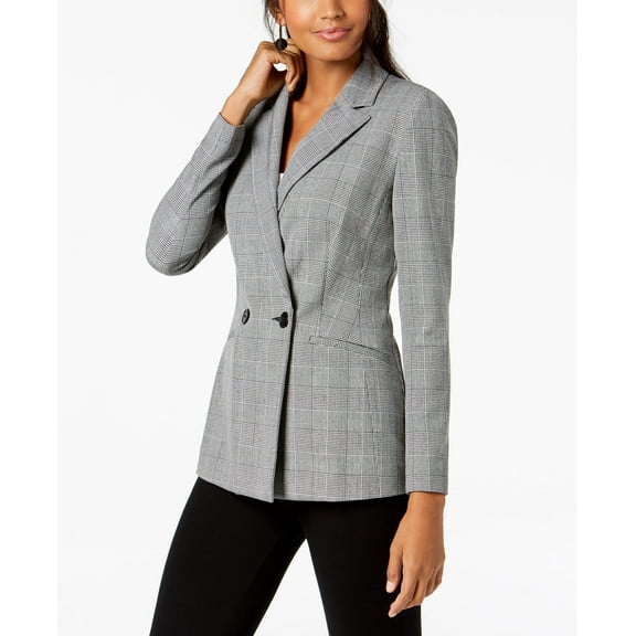 Double Breasted Plaid Blazer Black L