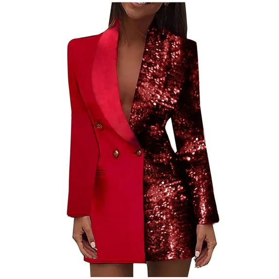Double Breasted Sequins Blazer Dress for Women Sexy Colorblock Long Blazers Jackets Formal Evening Party Club Outfit