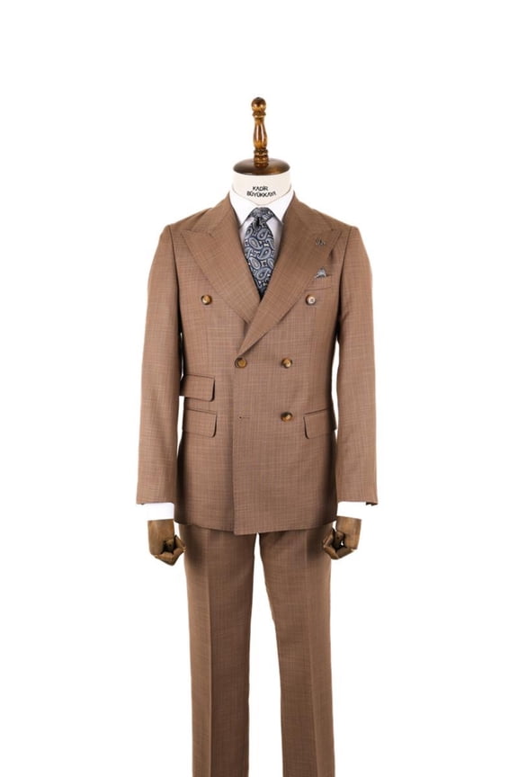 Double Breasted Suit, Light Brown Double Button Woven Fabric Men's Stylish Suit