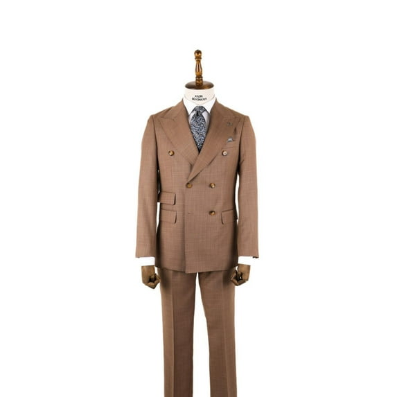 Double Breasted Suit, Light Brown Double Button Woven Fabric Men's Stylish Suit