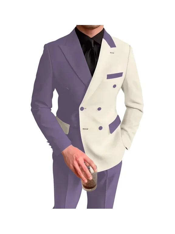 Double Breasted Suit Men Lavender 2 Piece Slim Fit Suits for Men Contrast Color Blazer Pants Formal Wedding Prom Suit,3XL