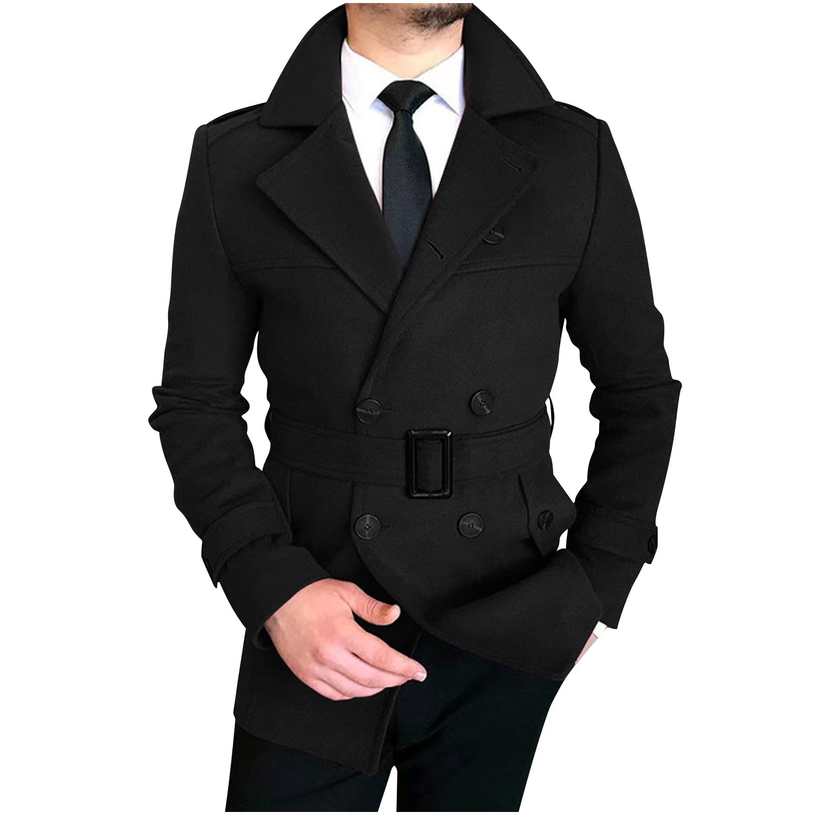 SSLR Men's Double Breasted Trench Coat Stylish Belted