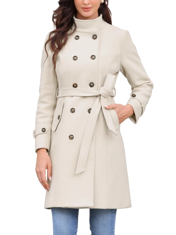 Double Breasted Pea Coat for Women Stand Collar Mid Long Trench Outwear Winter Coat with Belt L White
