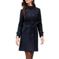 thumbnail image 1 of Double Breasted Pea Coat for Women Stand Collar Mid Long Trench Outwear Winter Coat with Belt M Deep Blue, 1 of 6