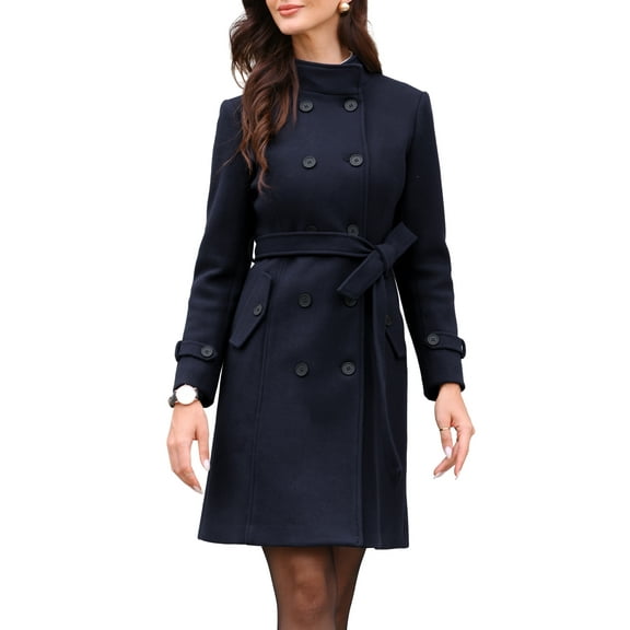 Double Breasted Pea Coat for Women Stand Collar Mid Long Trench Outwear Winter Coat with Belt M Deep Blue